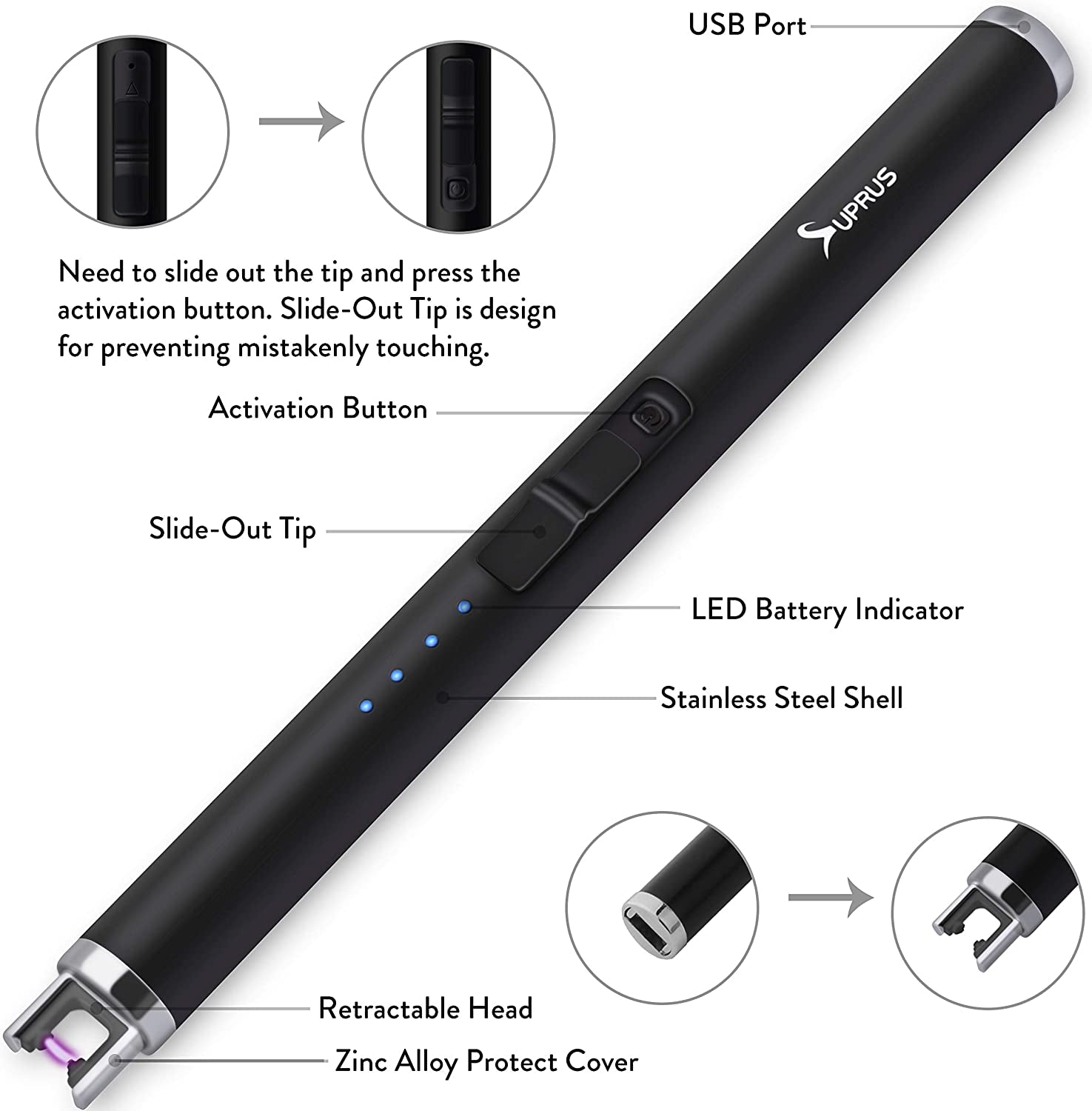 Lighter Electric Candle USB Type C Rechargeable Lighter with Upgraded LED Battery Display Safety Switch Flameless Plasma Windproof for Cooking Bbqs Fireworks