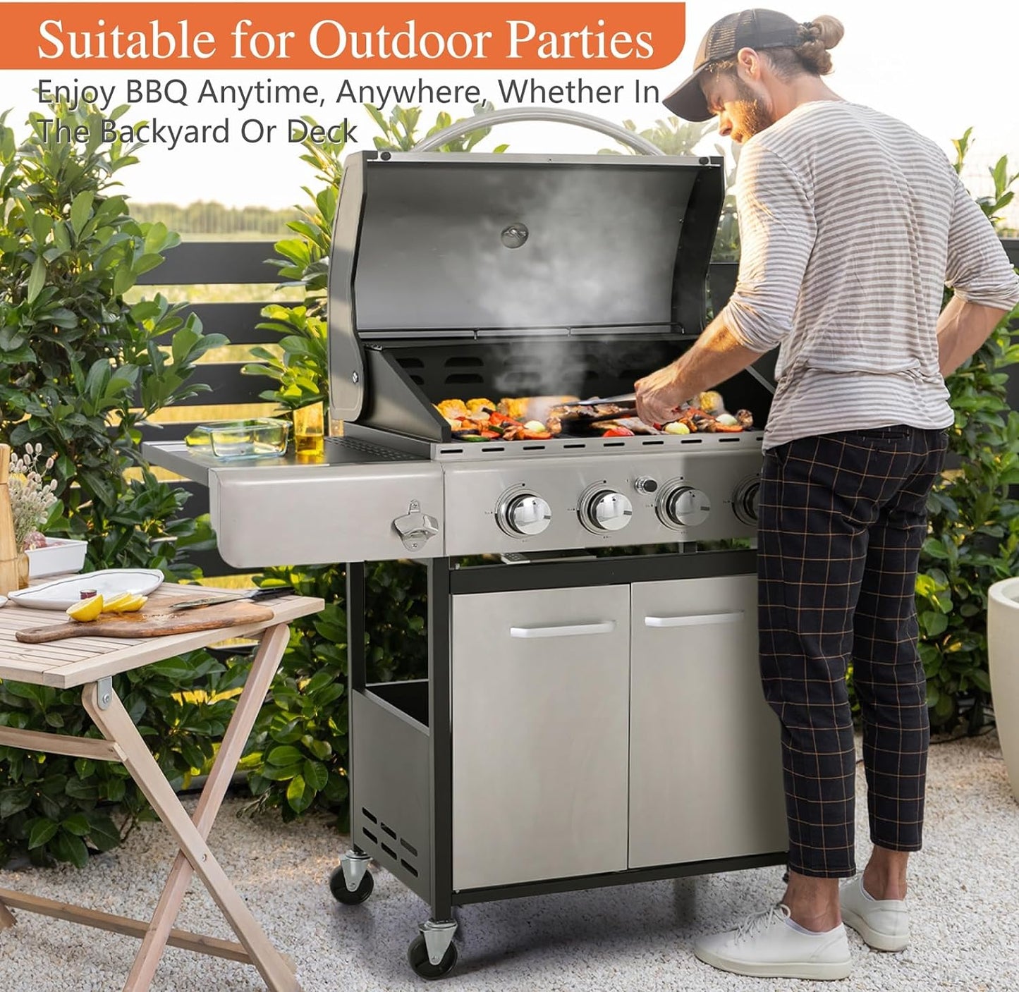 4-Burner Gas BBQ Grill with Side Burner and Porcelain-Enameled Cast Iron Grates 42,000BTU Outdoor Cooking Stainless Steel Propane Grills Cabinet Style Garden Barbecue Grill, Silver
