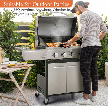 4-Burner Gas BBQ Grill with Side Burner and Porcelain-Enameled Cast Iron Grates 42,000BTU Outdoor Cooking Stainless Steel Propane Grills Cabinet Style Garden Barbecue Grill, Silver