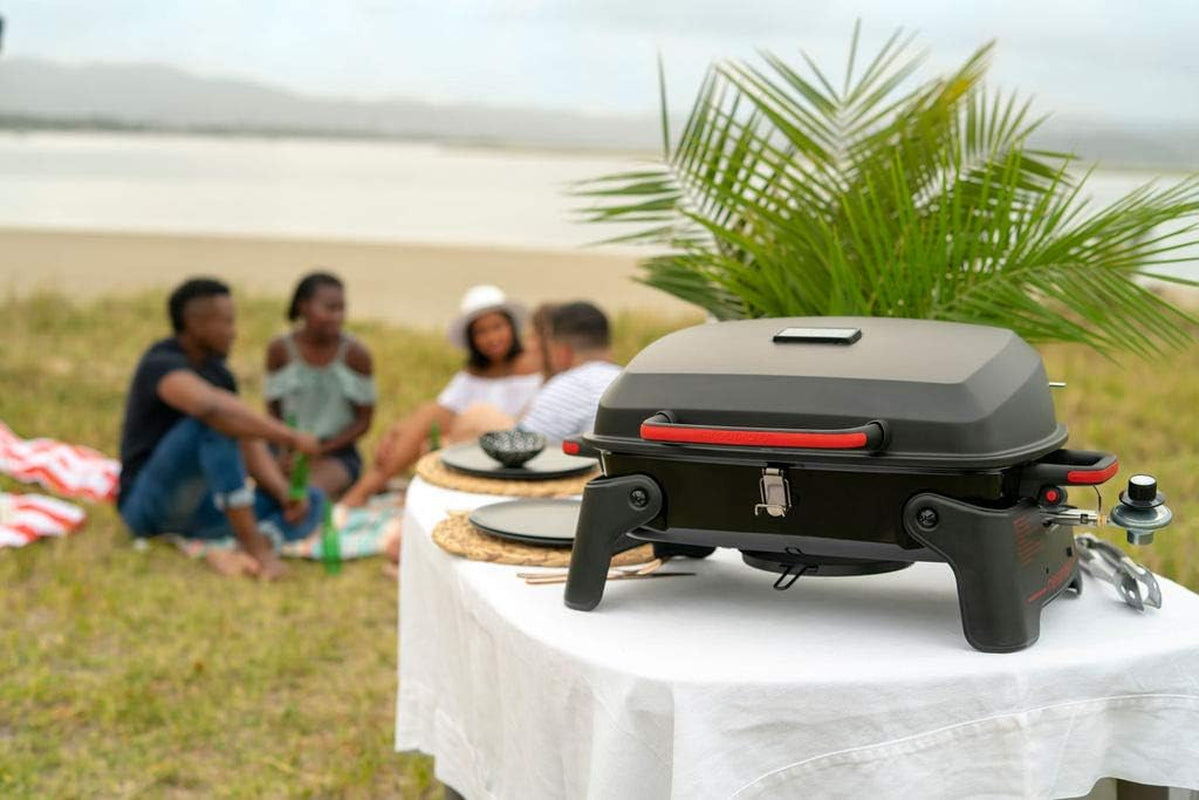 820-0065C 1 Burner Portable Gas Grill for Camping, Outdoor Cooking , Outdoor Kitchen, Patio, Garden, Barbecue with Two Foldable Legs, Red + Black