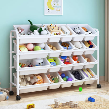 Kids Toy Storage Organizer with 20 Plastic Bins, 4-Tier Metal Toy Storage Rack, Extra Large Toy Organizer and Storage Bins for Kids Room, Playroom and Nursery, White