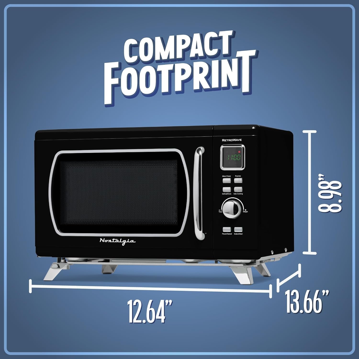 Mid-Century Retro Countertop Microwave Oven - Large 900-Watt - 0.9 Cu Ft - 8 Pre-Programmed Cooking Settings - Digital Clock - Kitchen Appliances - Black