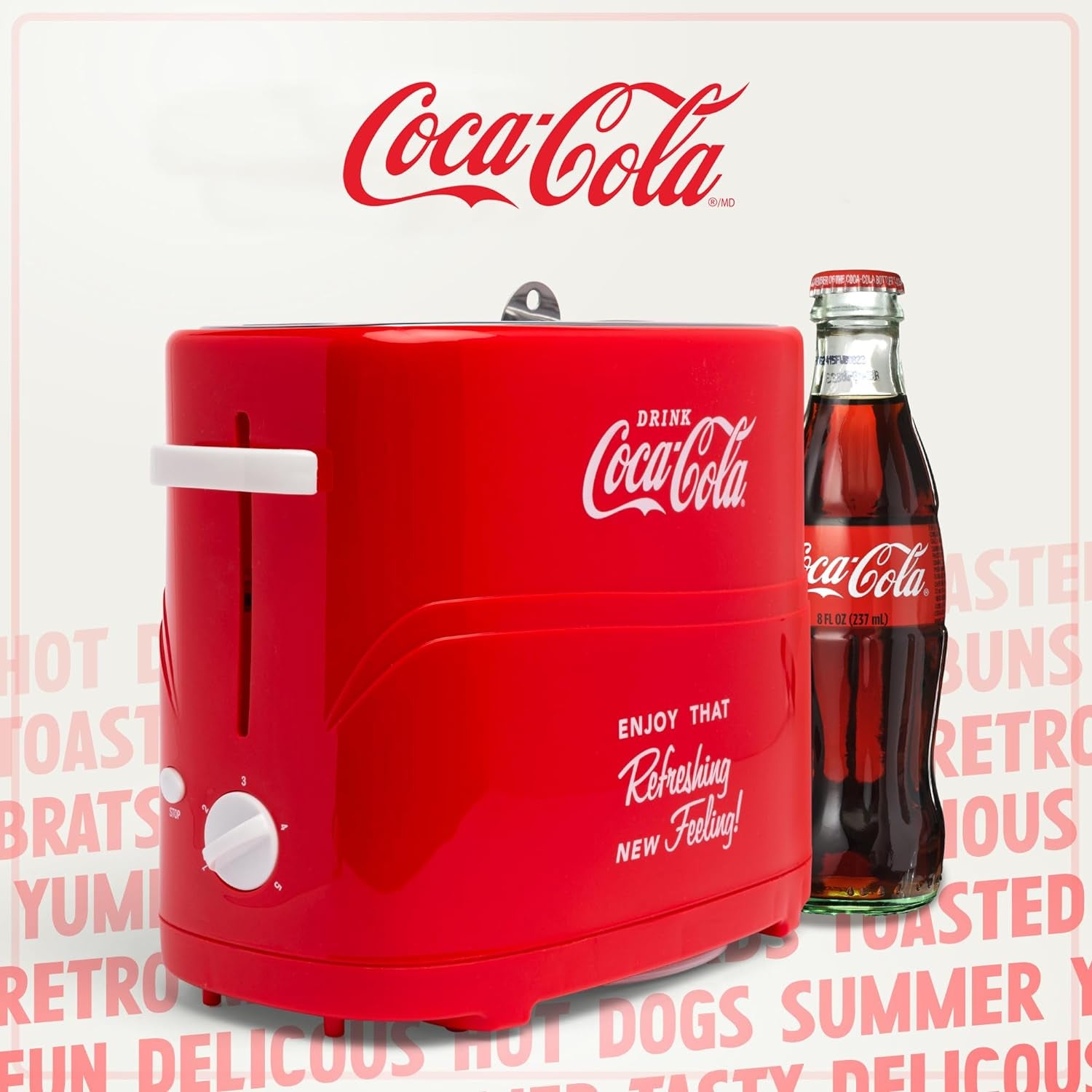 Coca-Cola 2 Slot Bun Mini Tongs, Hot Dog Toaster Works with Chicken, Turkey, Veggie Links, Sausages and Brats, Retro Red