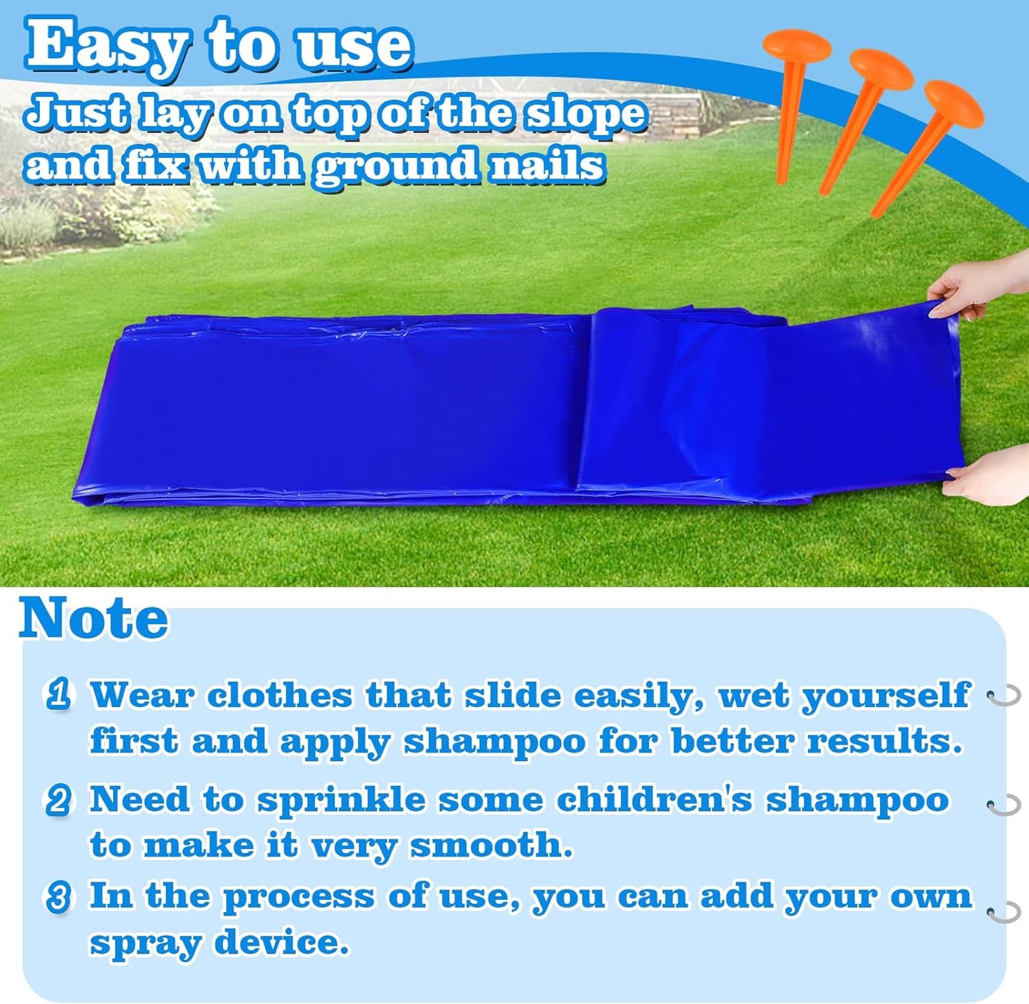 Super Slip Lawn Water Slide - 30 X 8Ft Heavy Duty Slip and Slide Trap Slick Waterslide for Adults & Kids, Easy to Set up with 16 Ground Nails, Funny Water Games for Outdoor Backyard Lawn, Blue - Design By Technique