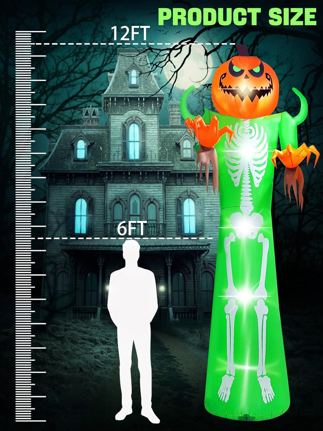 12FT Halloween Inflatable with LED Light,  Giant Pumpkin Halloween Outdoor Decoration Scary Pumpkin Skeleton Blow up Inflatable for Home Family Party Halloween Holiday Yard Lawn Indoor Decor