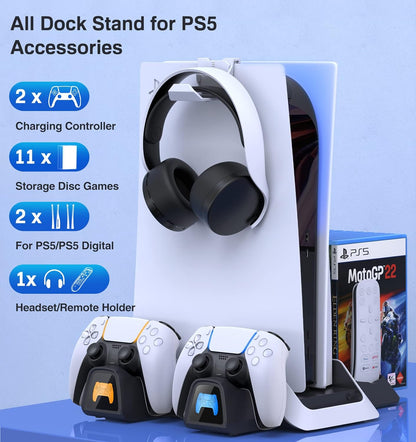 PS5 Stand with Cooling Station&Dual Controller Charger for Playstation 5 PS5 Console(Not Fit PS5 Slim), PS5 Accessories with 5V/3A Adapter, PS5 Base with Cooler Fan, Charging Dock