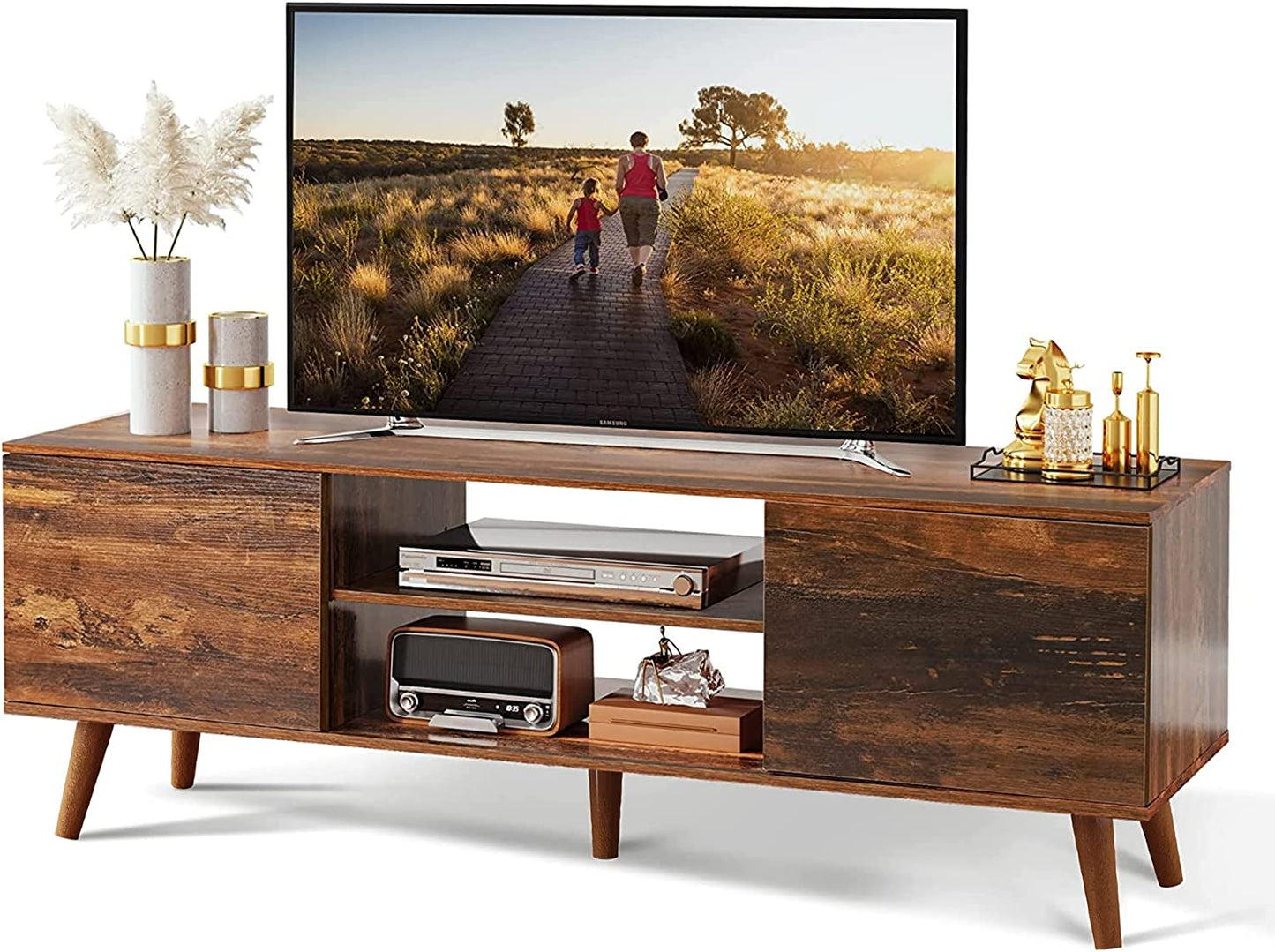 TV Stand for 55 60 Inch TV, Mid Century Modern TV Console, Entertainment Center with Storage for Living Room, Retro Brown