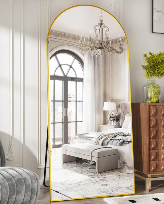64X21 Inches Full Length Home Mirror, Freestanding Floor Mirror, Semi-Circle, Gold, Floor Mount, Modern, Aluminum, Living Room, Bedroom, Cloakroom - Design By Technique