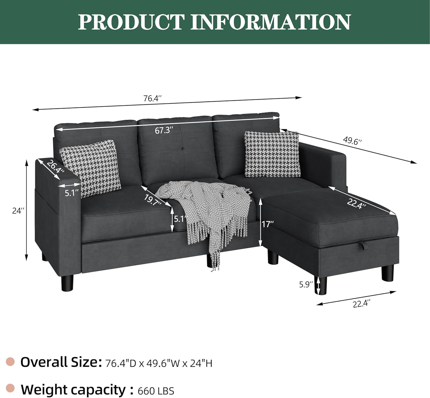 Convertible Sectional Sofas Couches for Living Room, L Shaped Couch with Storage Ottoman, Small Sectional 3 Seater Sofa for Small Spaces, Black