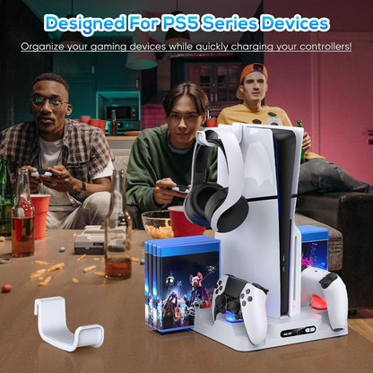 Stand with Cooling Station for PS5 / PS5 Slim Disc & Digital Console, Fast Charging Station for Dualsense & Edge Controller, 3 Level Cooling Fan for Playsation 5, Headset Holder, 8 Game Slot