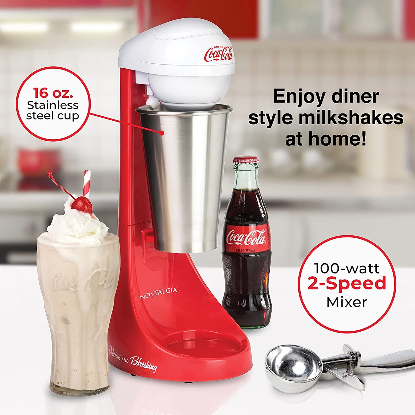 Two-Speed Electric Coca-Cola Limited Edition Milkshake Maker and Drink Mixer, Includes 16-Ounce Stainless Steel Mixing Cup and Rod, Red