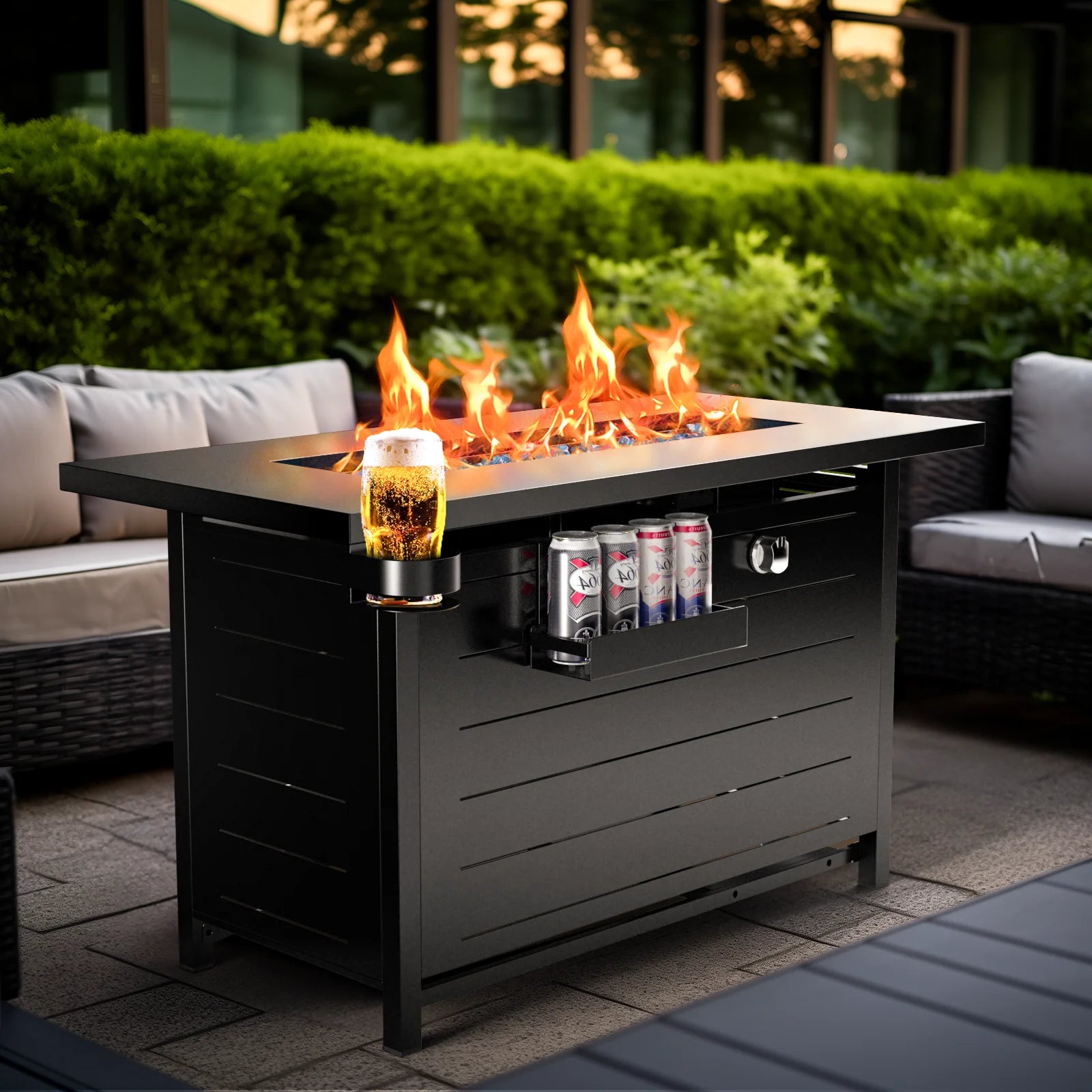 43" Propane Fire Pits for outside 60,000 BTU Gas Fire Pit Table for outside with Lid , Glass Beads, Cup Holders, Hanging Shelf & Nylon Cover, Rectangle - Design By Technique