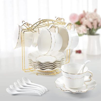 Tea Cups and Saucers with Golden Trim,Set of 6 (8.5 OZ), Luxury Relief Printing Coffee Cups with Metal Stand, British Royal Porcelain Tea Party Set - White