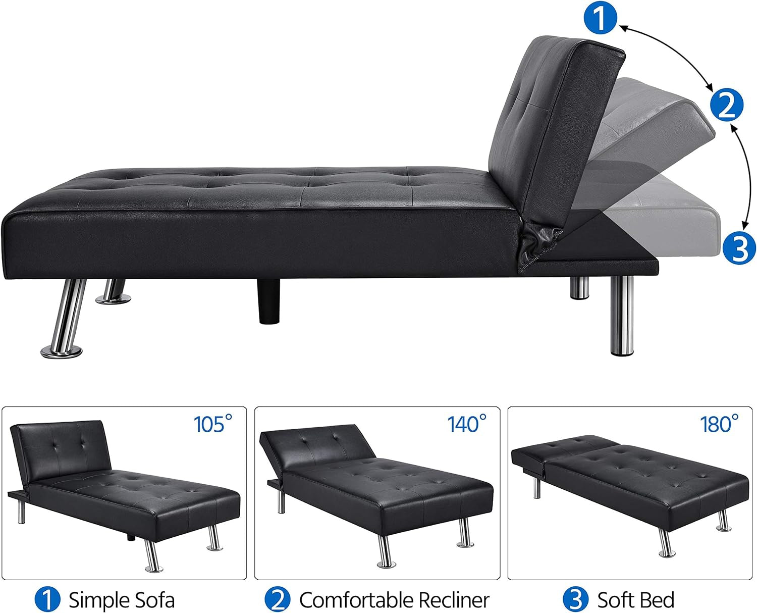 Faux Leather Sofa Bed Sleeper Convertible Futon Sofa Modern Recliner Couch Daybed with Chrome Metal Legs for Living Room Black