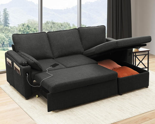 Sofa Bed Sleeper Pull Out 2 in 1 Sectional Sleeper Sofa Couches with Storage,Usb, Cup Holder,Pullout Sectional Couches for Apartment Living Room (Dark Gray)