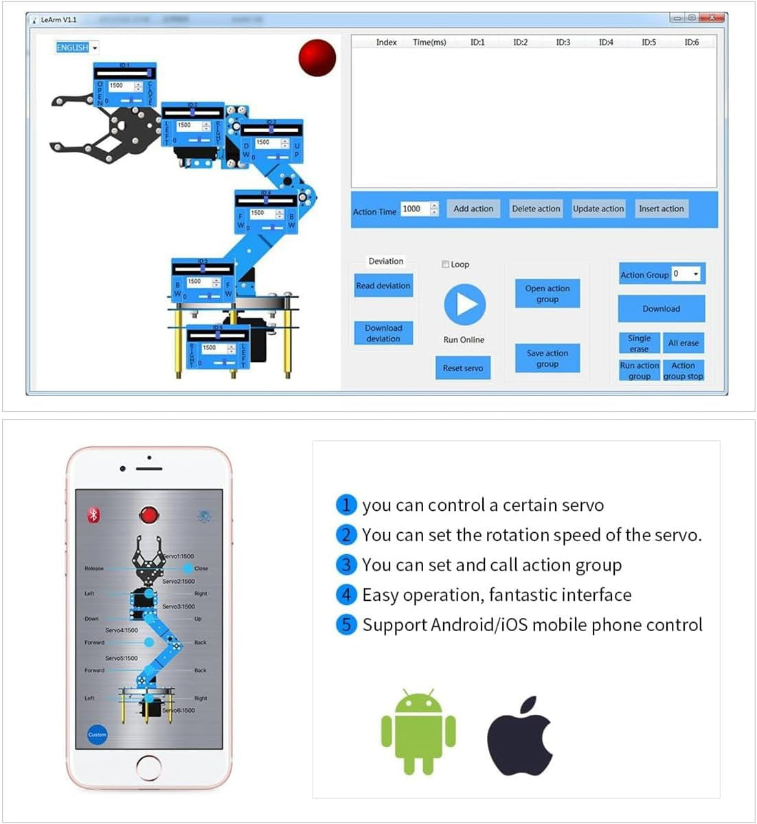 Robotic Arm Kit 6DOF Programming Robot Arm with 5 Servo, Handle, Mechanical Claw and More, PC Software APP Control with Tutorial