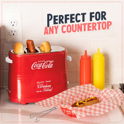 Coca-Cola 2 Slot Bun Mini Tongs, Hot Dog Toaster Works with Chicken, Turkey, Veggie Links, Sausages and Brats, Retro Red