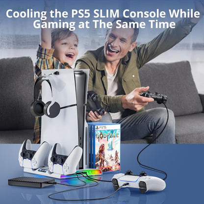 PS5 Slim Stand Cooling Station with Controller Charging Station for Playsation 5 Slim, PS5 Slim Accessories Kits with Cooling Fan,Rgb Led,And Game Slot
