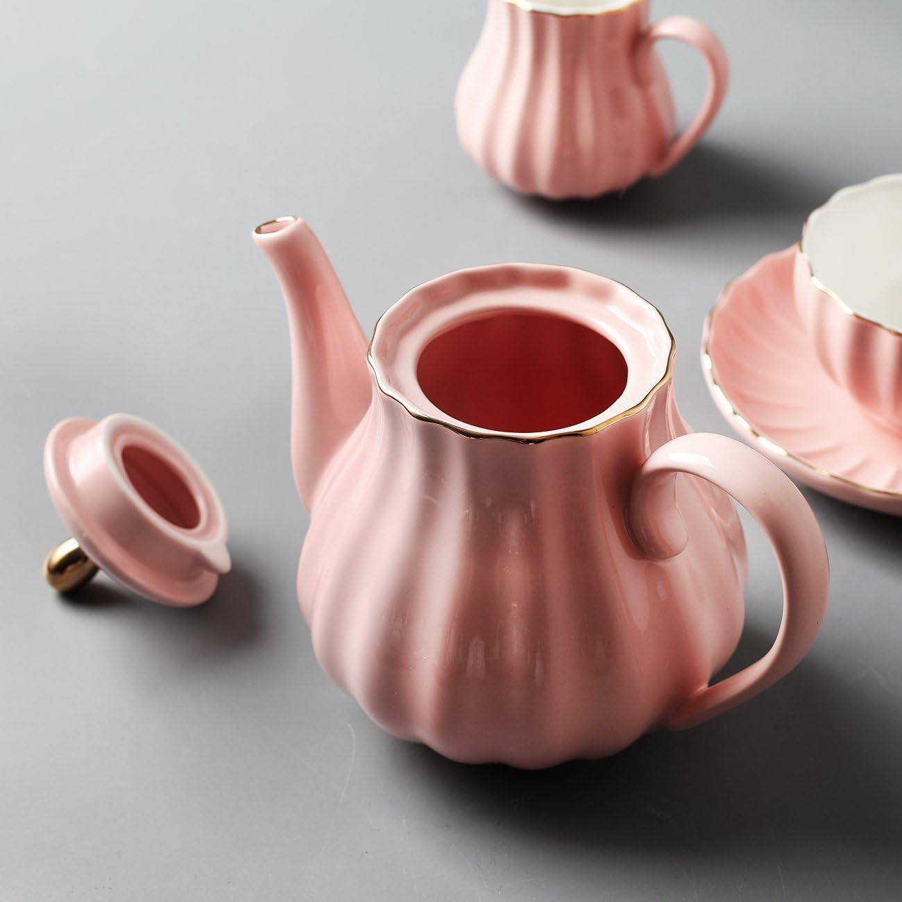 Porcelain Tea Sets British Royal Series, 8 OZ Cups & Saucer Service for 6, with Teapot Sugar Bowl Cream Pitcher Teaspoons and Tea Strainer, Suitable for High Tea, Wedding, Party (Pink)