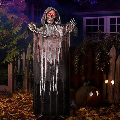 67" Halloween Animatronics Grim Reaper with Chain, Halloween Skeleton Life Size with Light-Up Eyes and Creepy Sound, Scary Halloween Decorations outside Haunted House Props Outdoor Holiday Decor