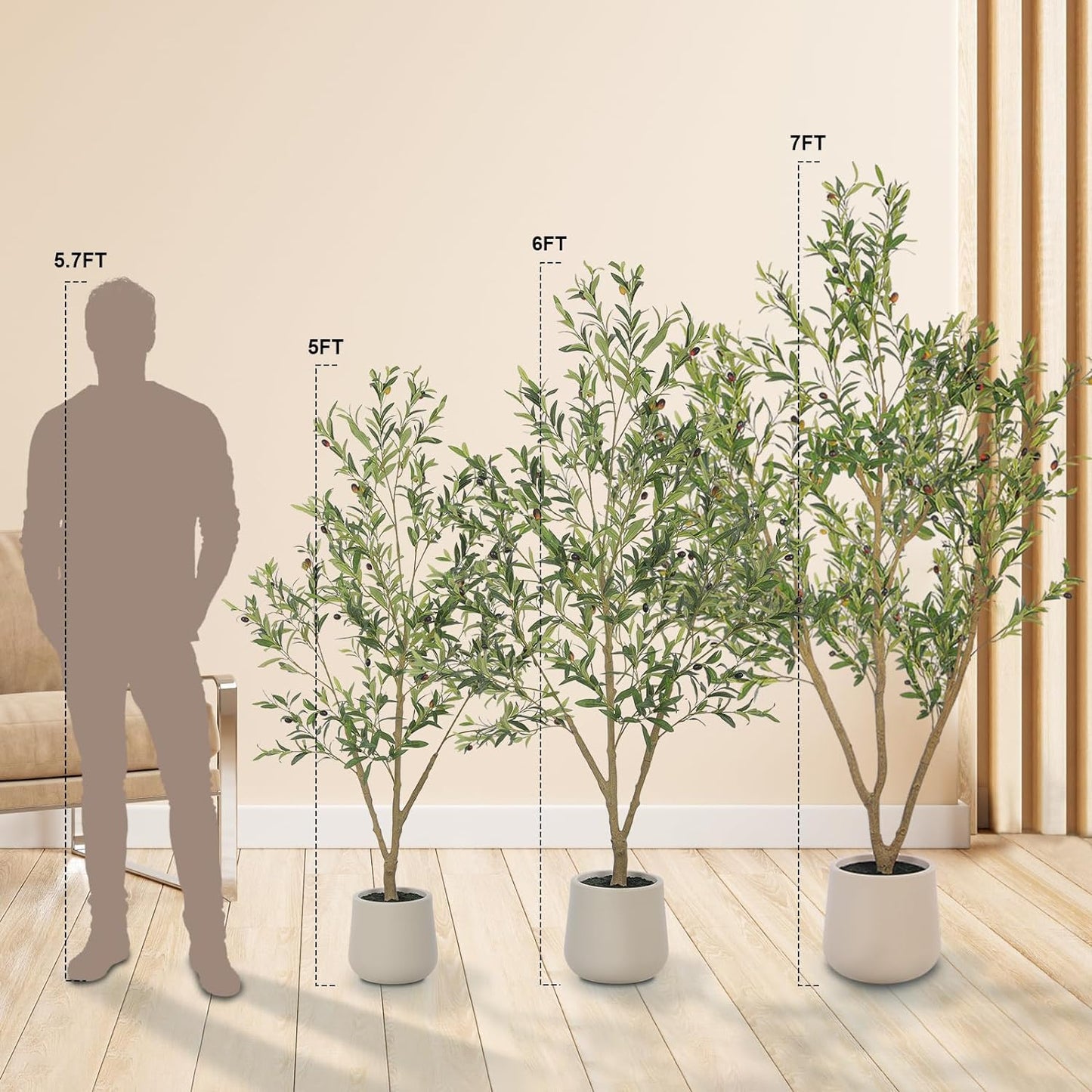 Olive Trees Artificial Indoor, 6FT Tall Faux Olive Tree with White Tall Planter, Artificial Plants with Natural Wood Trunk and Lifelike Fruits for Home Office Decor