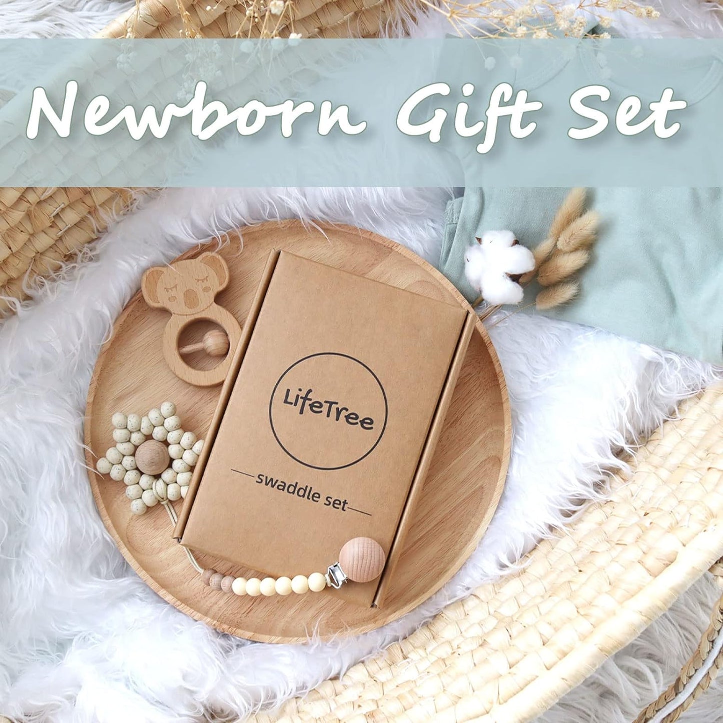 Newborn Swaddle Set with Matching Hat and Headband Bow, Wooden Birth Announcement Card, Muslin Baby Swaddle Blankets for Boys & Girls, Eucalyptus Leaves and Greenery Plants