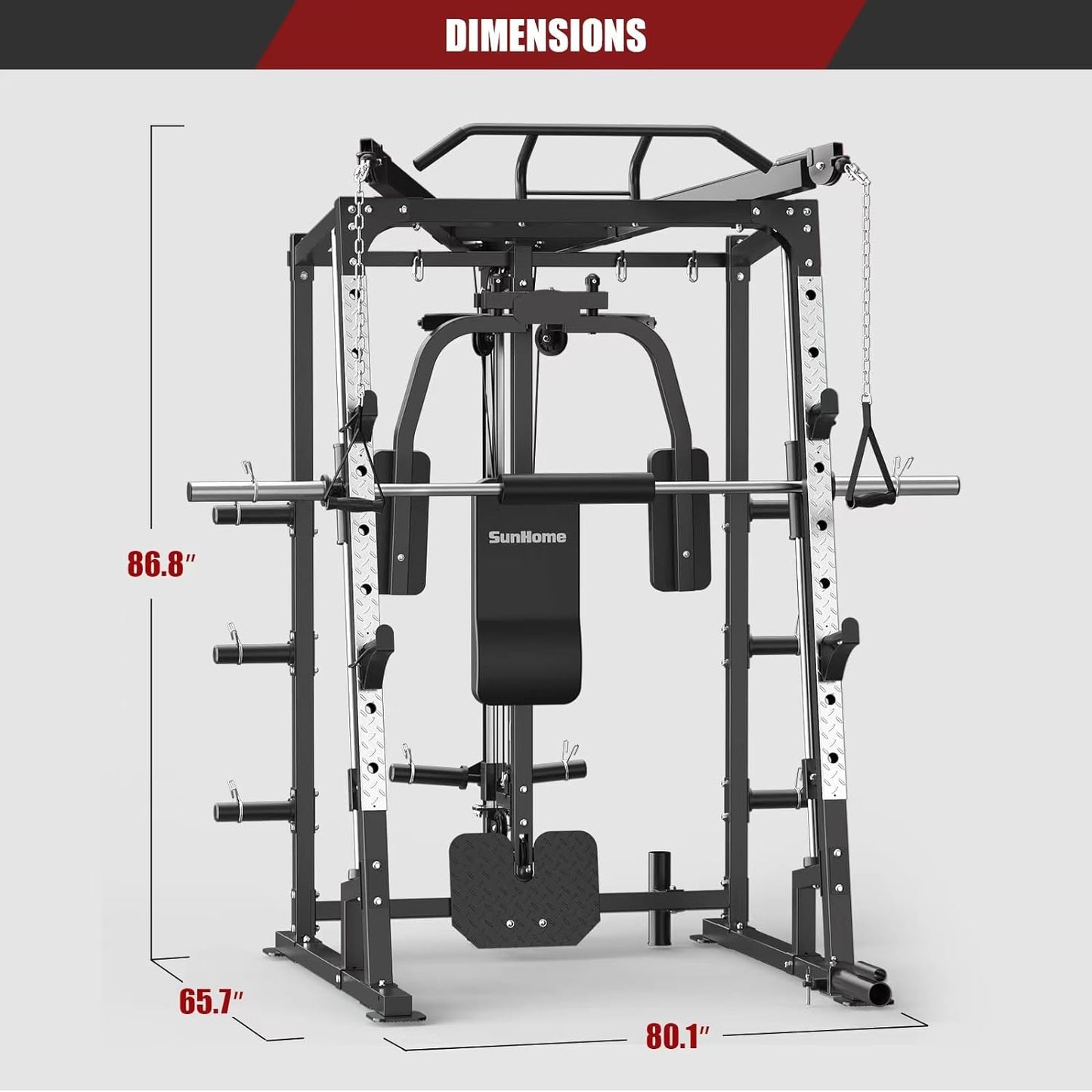 Smith Machine, 2000LBS Power Cage Squat Rack with Smith Bar, Two LAT Pull-Down Systems, Cable Crossover Machine and and More Cable Attachment for Home Gym