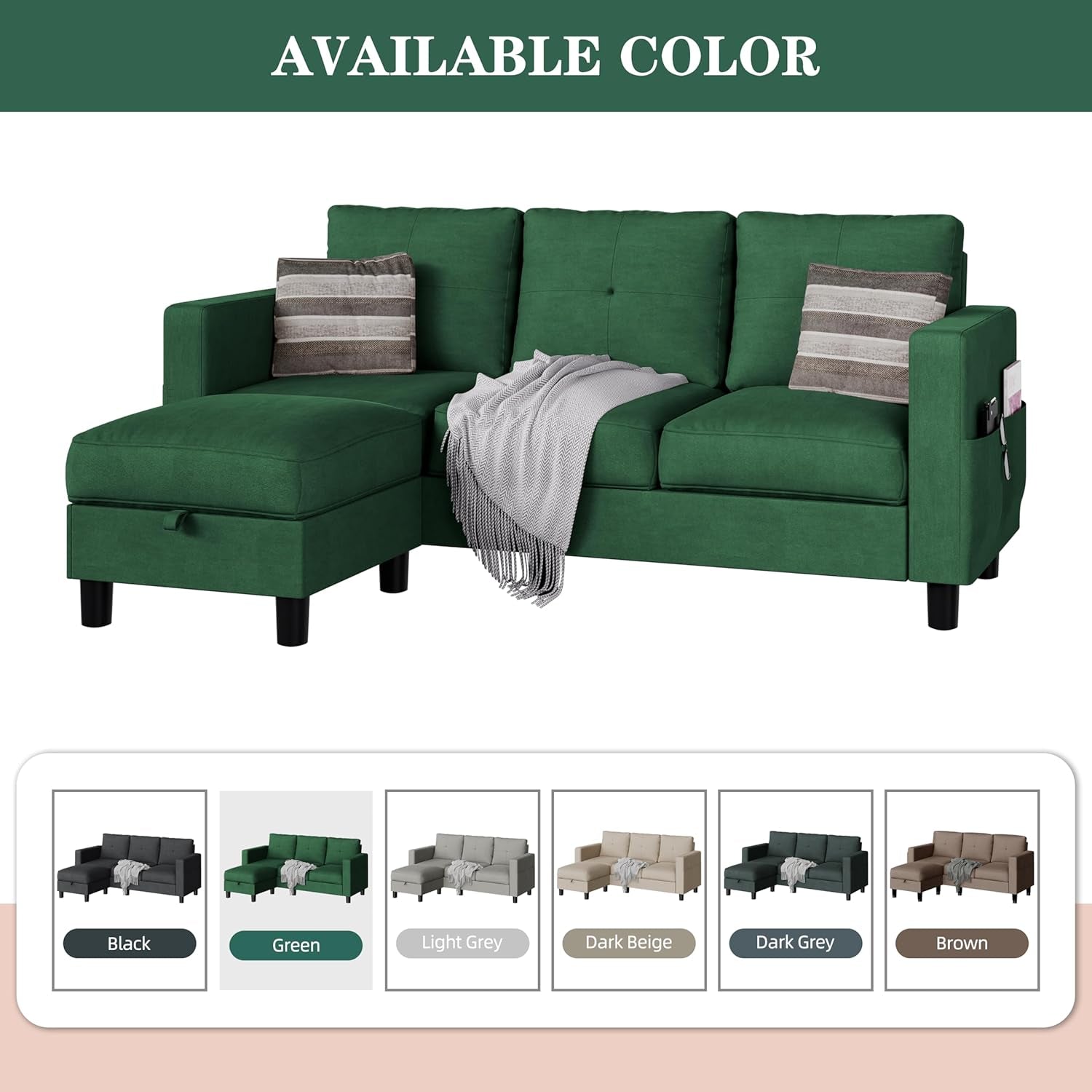 Convertible Sectional Sofas Couches for Living Room, L Shaped Couch with Storage Ottoman, Small Sectional 3 Seater Sofa for Small Spaces, Green