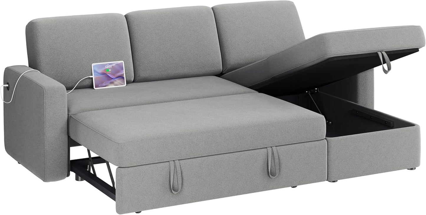 Sectional Sofa L-Shaped Sofa Couch Bed W/Chaise & USB, Reversible Couch Sleeper W/Pull Out Bed & Storage Space, 4-Seat Fabric Convertible Sofa, Pull Out Couch Light Gray