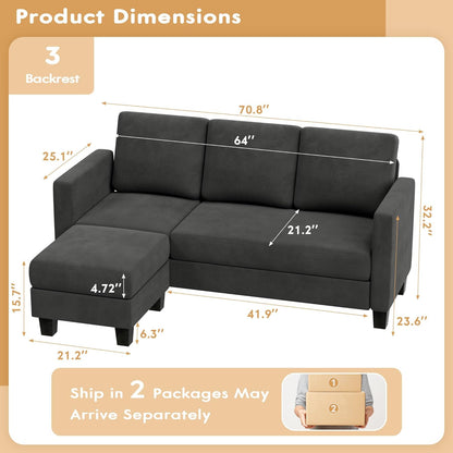 Convertible Sectional Sofa Couch, 3 Seat L-Shaped Sofa with Linen Fabric, Movable Ottoman Small Couch for Small Apartments, Living Room and Office (Dark Gray)