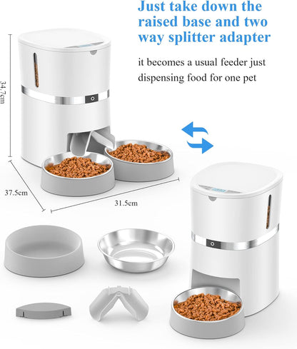 Automatic Cat Feeder,  Pet Feeder Food Dispenser for Cat & Small Dog with Two-Way Splitter and Double Bowls, up to 6 Meals with Portion Control, Voice Recorder - Battery and Plug-In Power