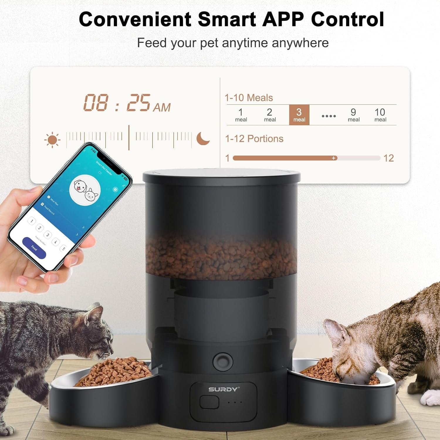 Automatic Cat Feeder for 2 Cats,  2.4G Wifi Smart Pet Feeder with APP Control for Remote Feeding, 3L Timed Pet Feeder Programmable 1-10 Meals, Dual Power Supply, Desiccant Bag, 10S Meal Call