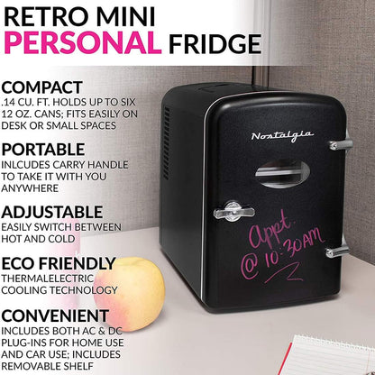 RF6RRBK Retro 6-Can Personal Cooling and Heating Mini Refrigerator with Eraser Board Door Carry Handle and Display Window for Home, Office, Car, Boat or Dorm Room, Black, 1 Cubic Feet