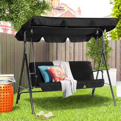 Outdoor Patio Swing Chair for Adults, 3-Seat Porch Swings with Adjustable Canopy, outside Swing Bench with Removable Cushion, Suitable for Backyard, Garden, Yard, Poolside, Balcony (Black)