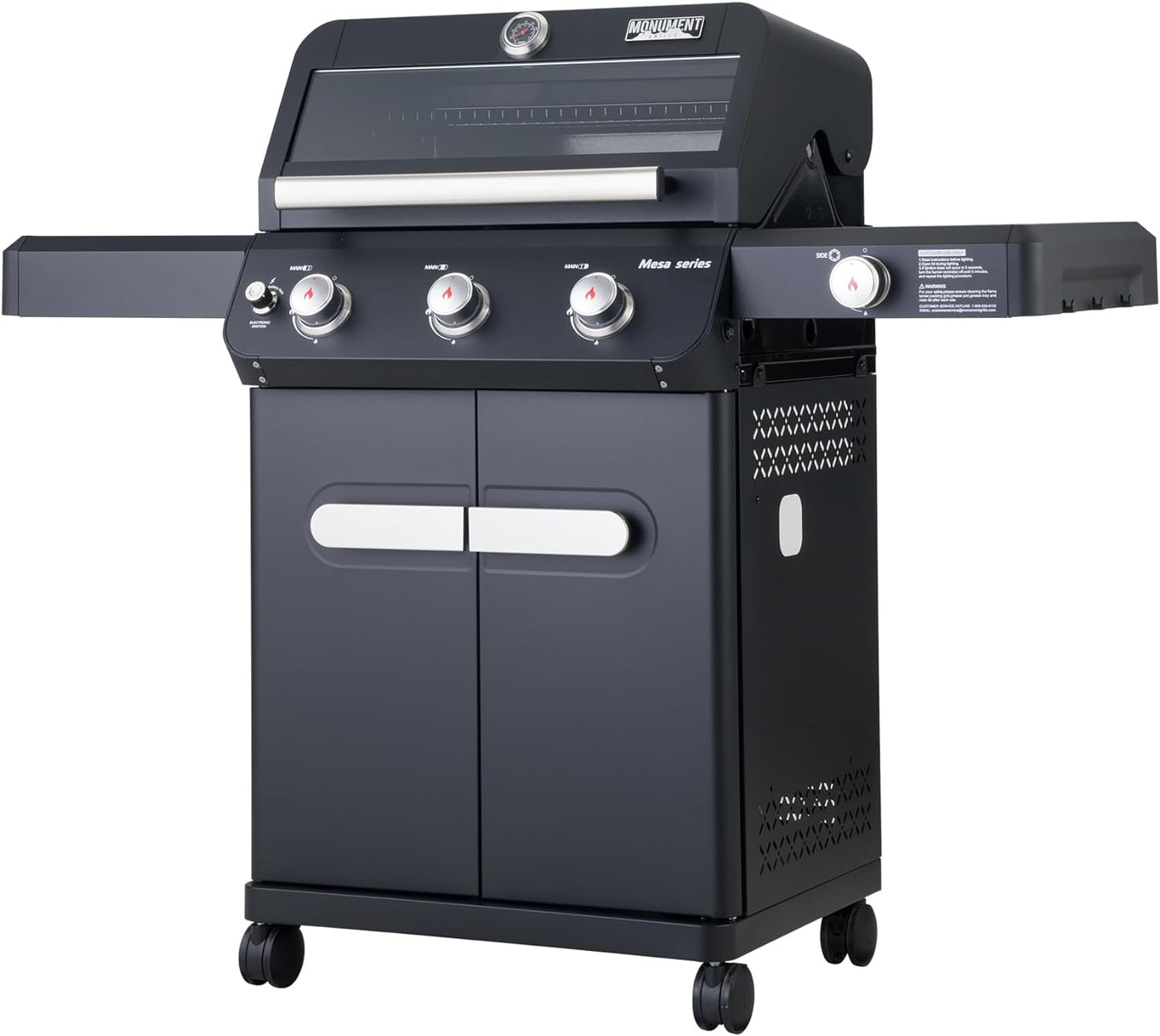Outdoor Barbecue Stainless Steel 3 Burner Propane Gas Grill, 48,000 BTU Patio Garden Grill with Side Burner and LED Controls, Mesa325, Black