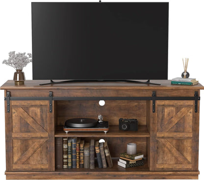 TV Stand for 65 Inch TV, Entertainment Center with Storage Cabinets and Sliding Barn Doors, Mid Century Modern Media TV Console Table for Living Room Bedroom (Rustic Oak)