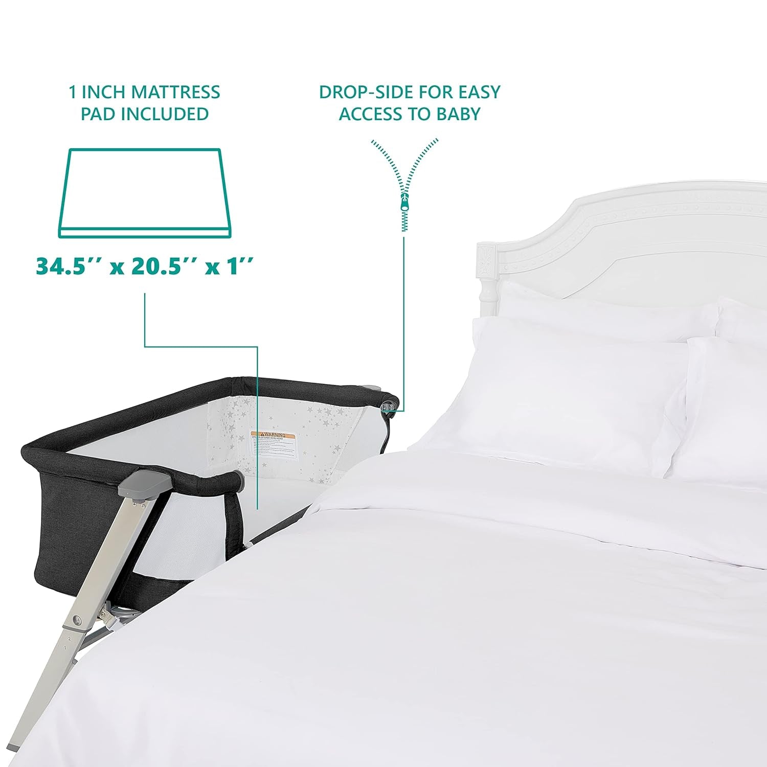 Skylar Bassinet and beside Sleeper in Black, Lightweight and Portable Baby Bassinet, Five Position Adjustable Height, Easy to Fold and Carry Travel Bassinet, JPMA Certified - Design By Technique