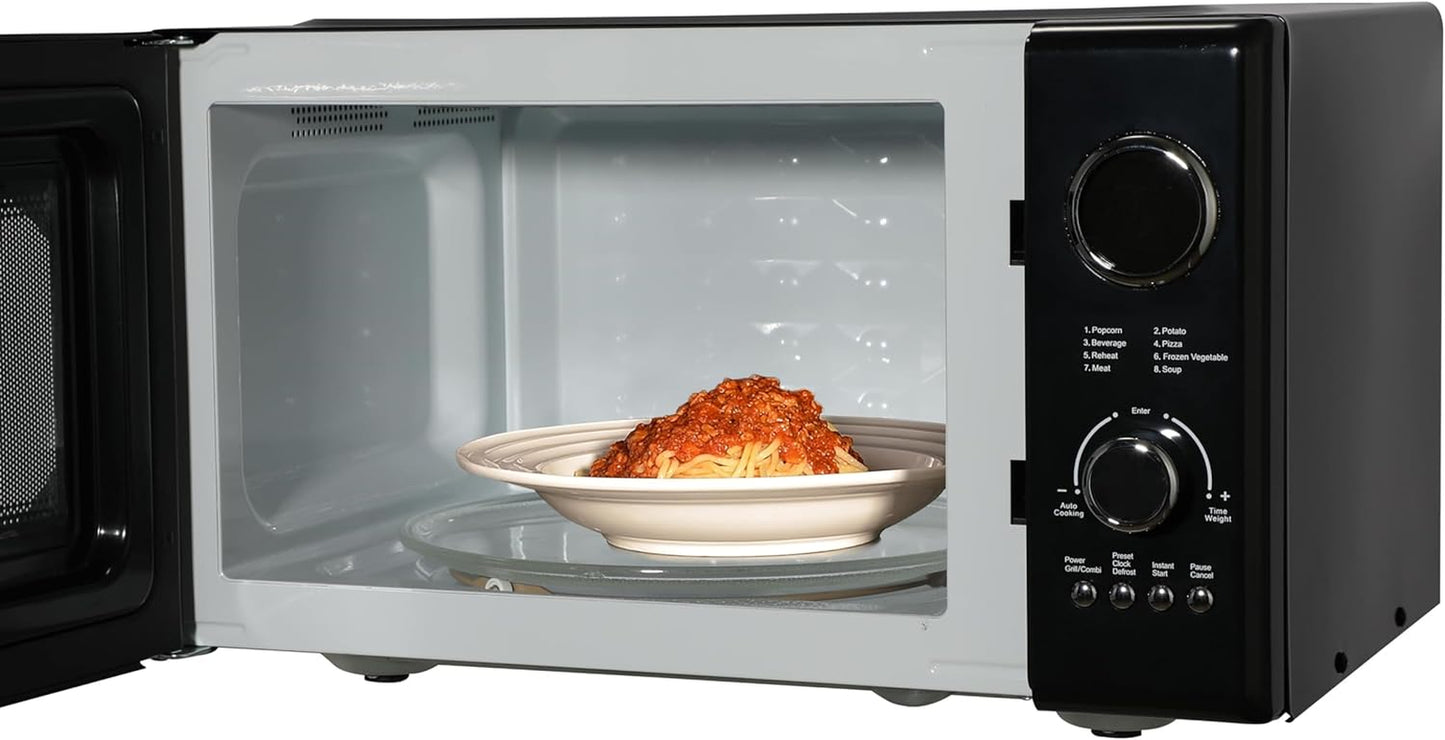 Radio .9 Cu Ft Digital Microwave Oven, Grill Function, 1,000 Watt, Retro & Chrome, 8 Pre-Programmed Settings, Express & Defrost, Chrome Handle & Control Buttons, Timer & LED Display,Black