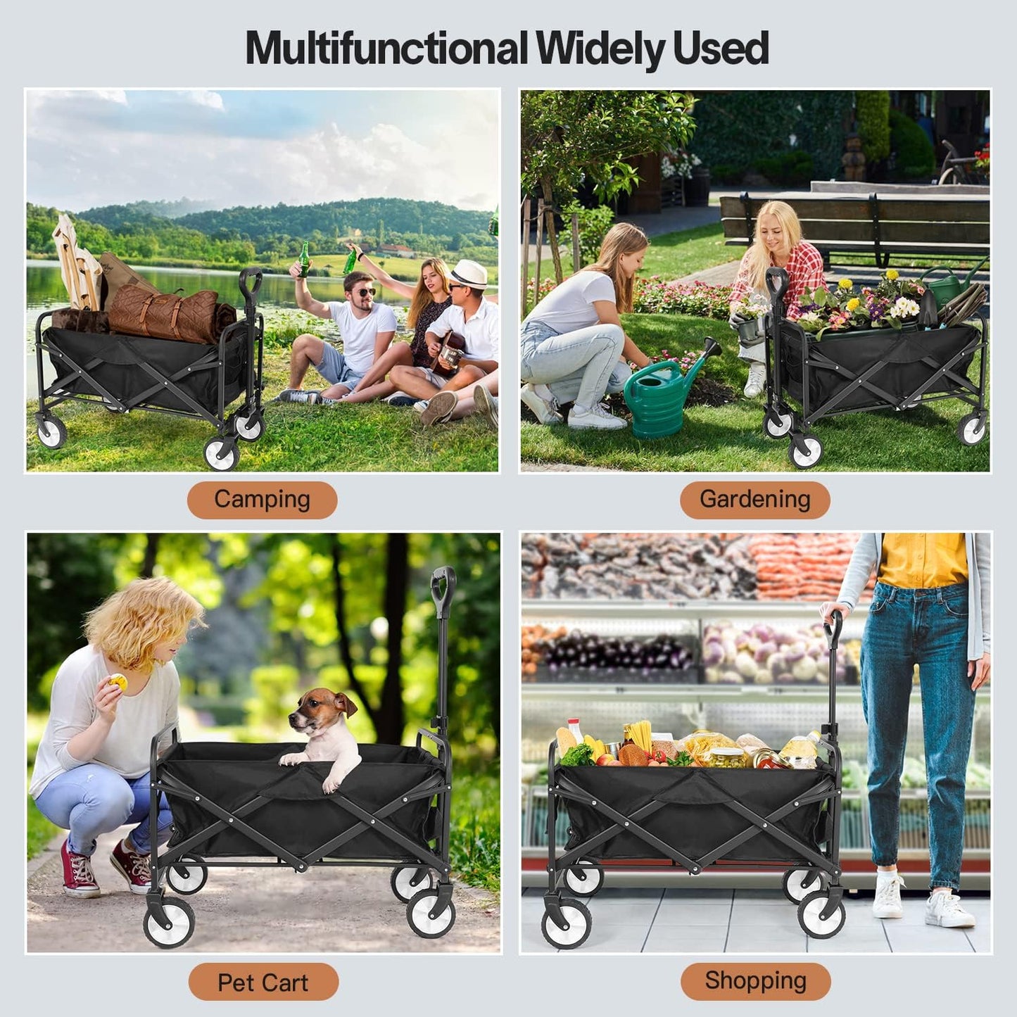Collapsible Folding Wagon Cart, Heavy Duty Utility Beach Wagon Cart with Wheels Foldable, 220LBS Large Capacity Foldable Grocery Wagon for Camping Garden Shopping Sports, Black/1 Year Warranty - Design By Technique