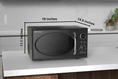 Radio .9 Cu Ft Digital Microwave Oven, Grill Function, 1,000 Watt, Retro & Chrome, 8 Pre-Programmed Settings, Express & Defrost, Chrome Handle & Control Buttons, Timer & LED Display,Black