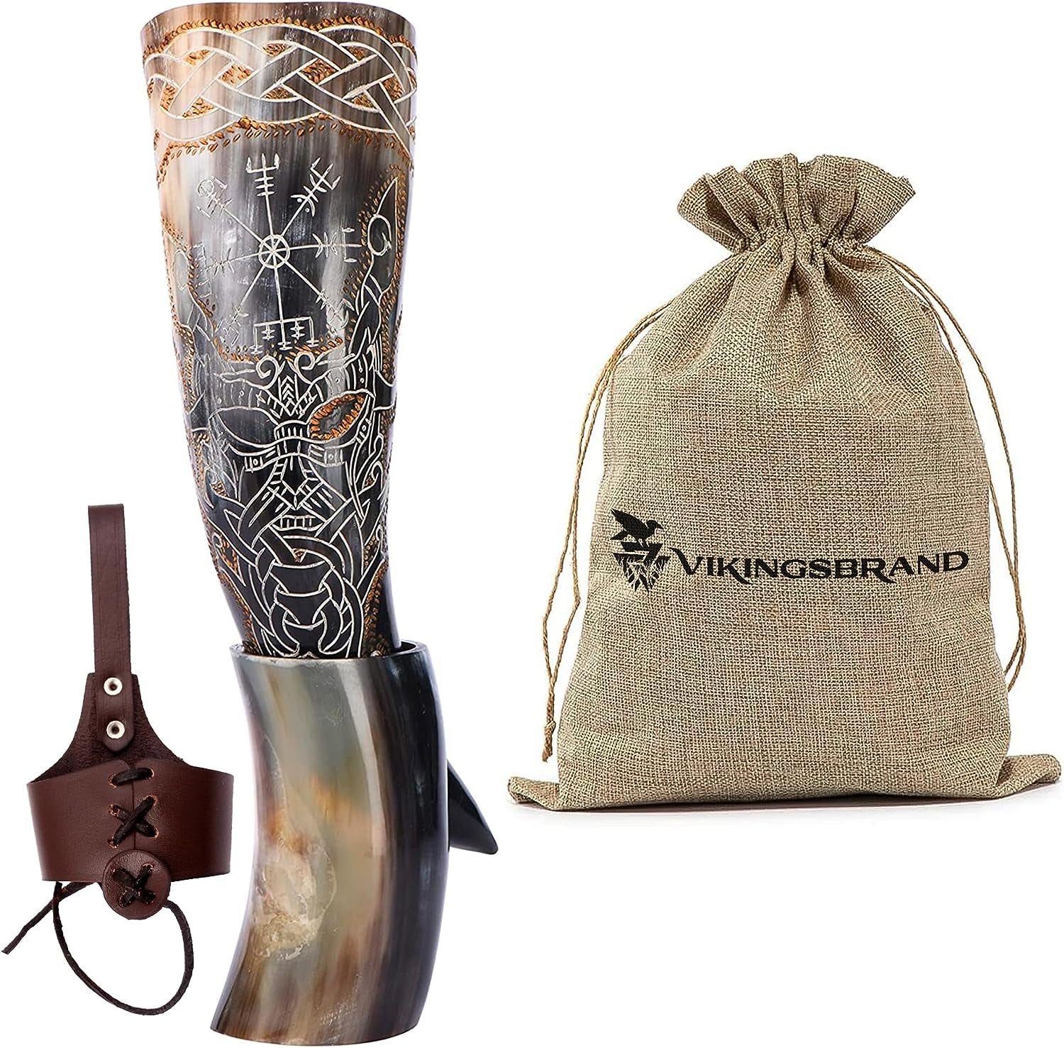 Authentic Handmade Viking Drinking Horn - Medieval Norse Ale Drinking Mug for Vikings with Stand - Hand Engraved Viking'S Drink Cup - Food Safe Beer Horns (Odin & Vegvisir - 14 Inches), 2 Piece Set