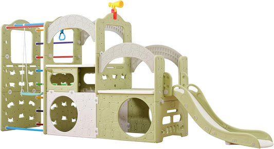 10 in 1 Indoor Playground, Jungle Gym Playset with Slide, Climbing Wall, Ladder, Swing, Basketball, Hanging Rings for Home and Daycare (Green & Gray)