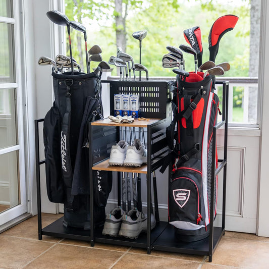 Freestanding Golf Club Organizer, Stylish Heavy Duty Garage Storage Floor Stand, Holds Golf Bags Shoes Clubs Balls and More
