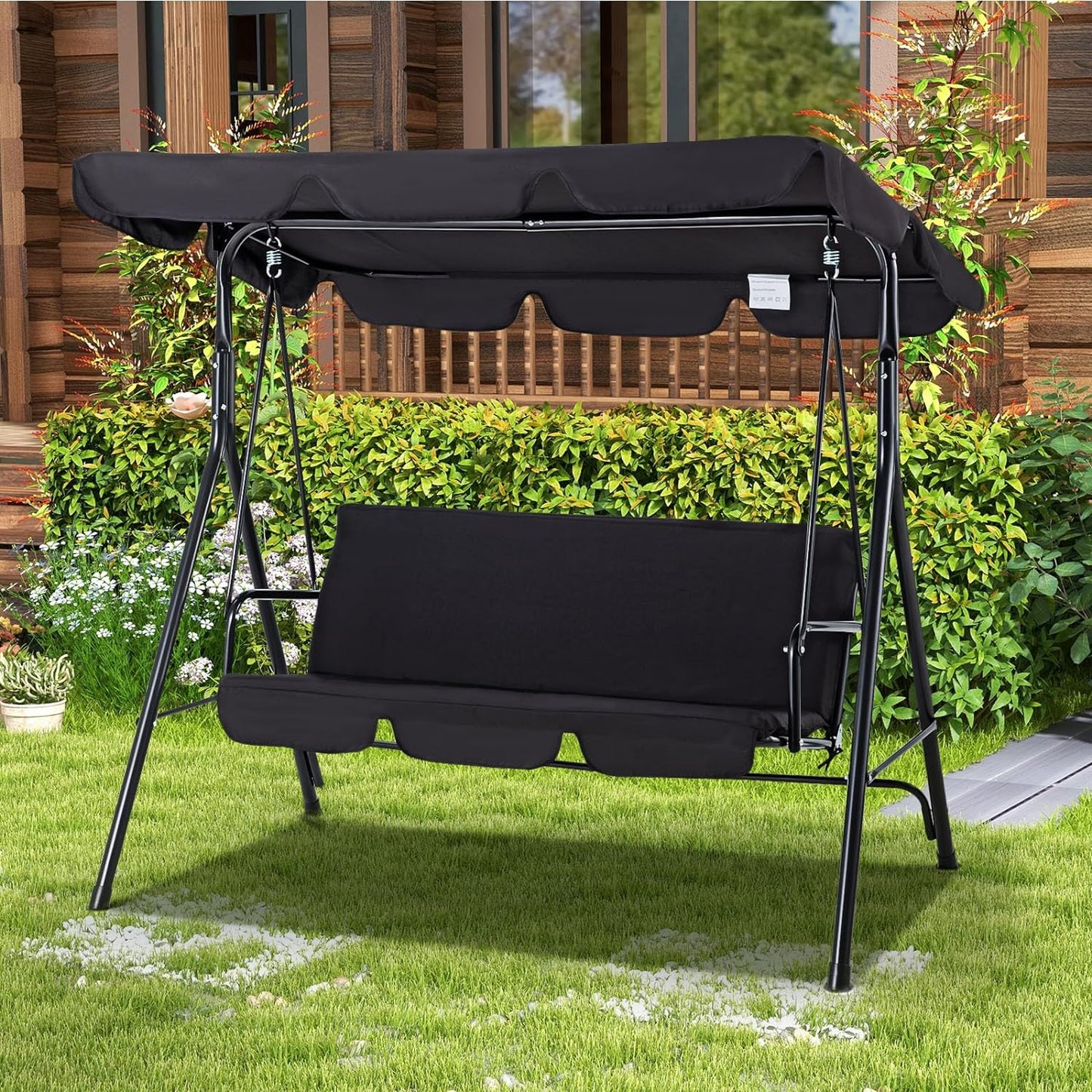 Outdoor Patio Swing Chair for Adults, 3-Seat Porch Swings with Adjustable Canopy, outside Swing Bench with Removable Cushion, Suitable for Backyard, Garden, Yard, Poolside, Balcony (Black)