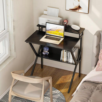 Small Computer Desk, 27.5 Inch, Compact Tiny Study Desk with Storage and Monitor Stand for Home Office, Small Spaces, Black