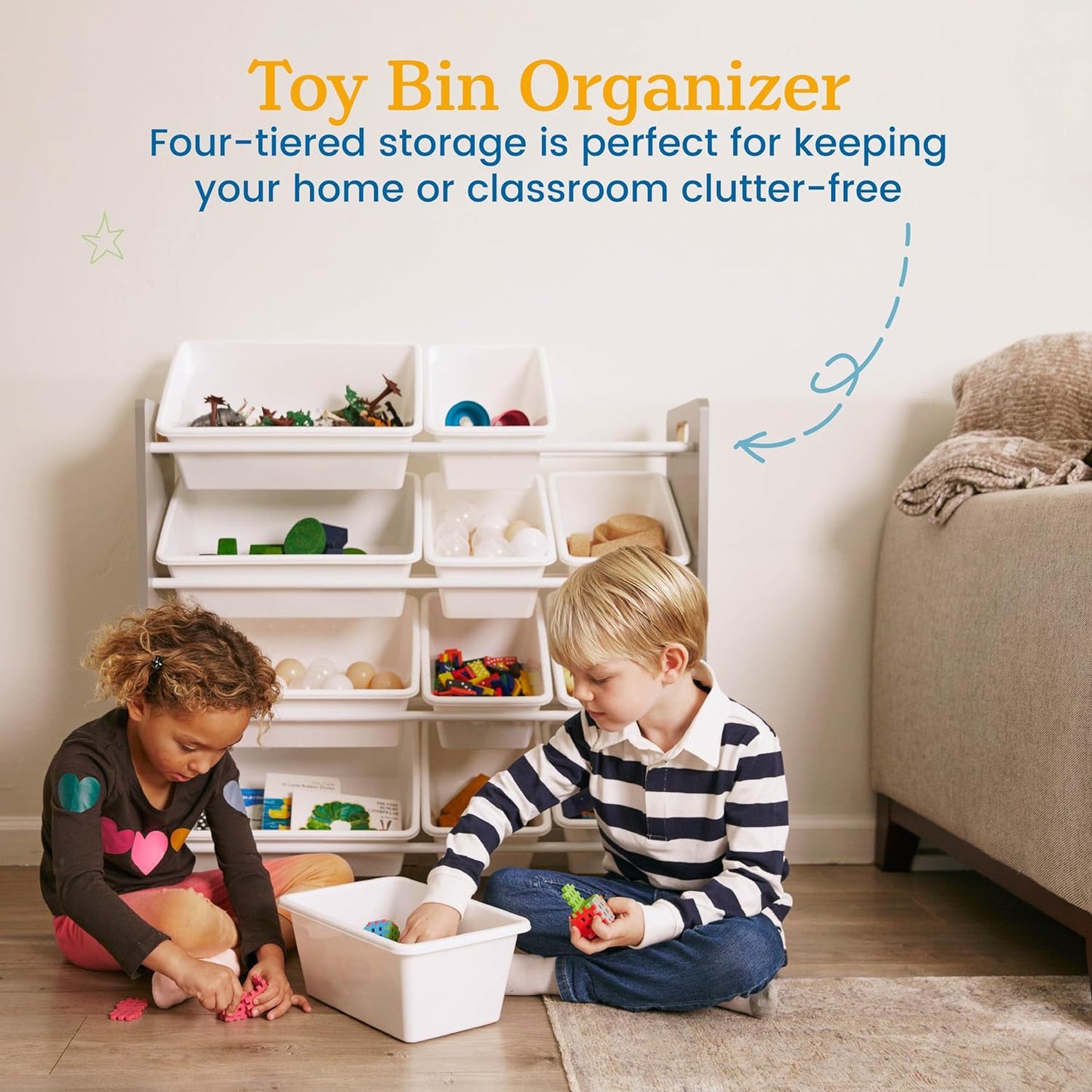 4-Tier Organizer with 12 Bins, Toy Storage, Grey/White