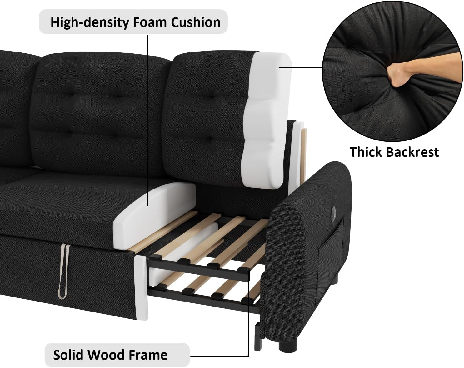 Sectional Sofa Couch, 87" Sleeper Sofa Bed with Reversible Storage Chaise Pull Out Couch for Living Room | Side Pocket | Charging Station | Removable Backrest | Linen Fabric, Black