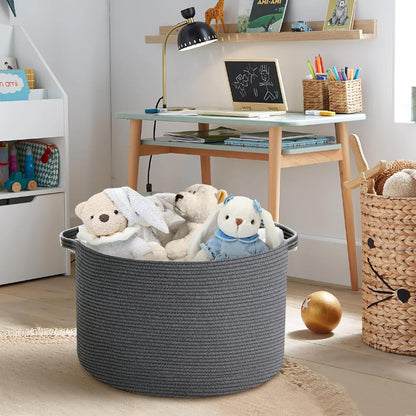 Large Dark Grey Storage Basket, Woven Cotton Rope Baskets for Storage, Big Blanket Organizer Storage Basket for Living Room, Kids Room Toy Storage Organizer Box, Blanket Keeper (22"X14")