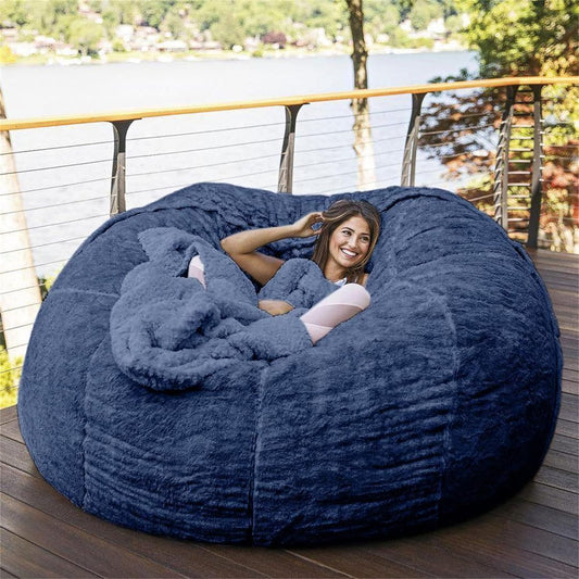 Giant Fur Bean Bag Chair Cover for Kids Adults, (No Filler) Living Room Furniture Big round Soft Fluffy Faux Fur Beanbag Lazy Sofa Bed Cover (Blue, 5FT)