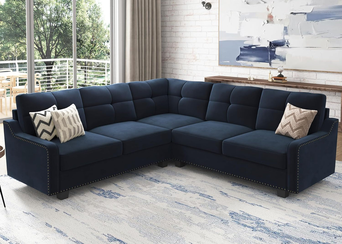 Convertible Sectional Sofa L Shaped Couch for Small Apartment Reversible Sectional Couch for Living Room,Velvet Dark Blue